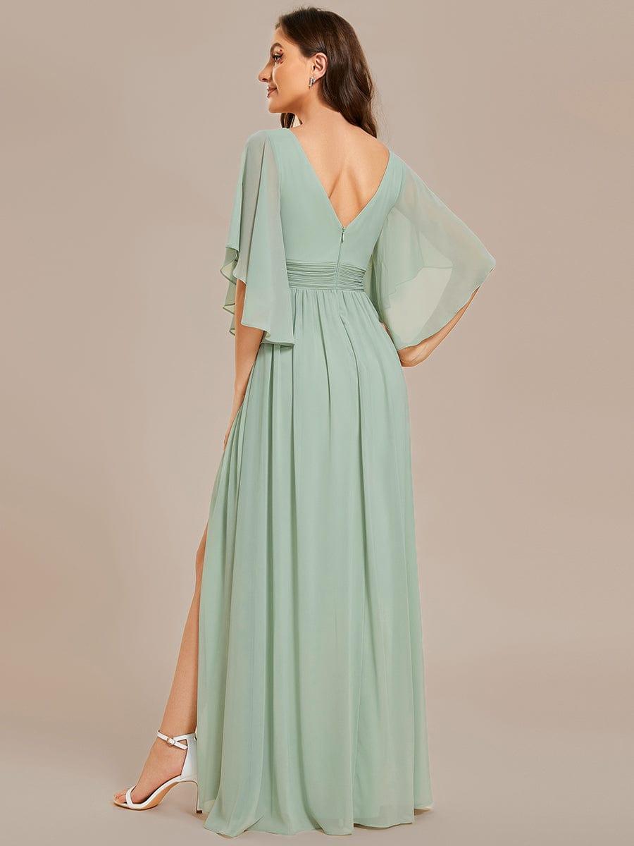 Lovely Half Sleeves V-Neck A-Line Chiffon Bridesmaid Dress with Slit