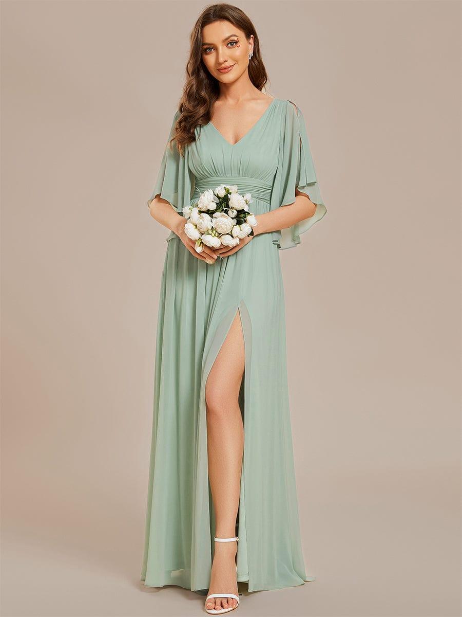 Lovely Half Sleeves V-Neck A-Line Chiffon Bridesmaid Dress with Slit