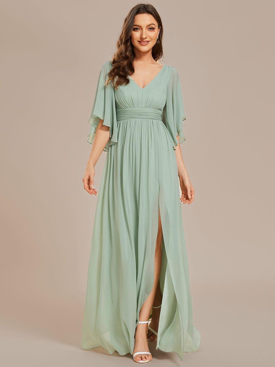 Lovely Half Sleeves V-Neck A-Line Chiffon Bridesmaid Dress with Slit