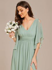Lovely Half Sleeves V-Neck A-Line Chiffon Bridesmaid Dress with Slit