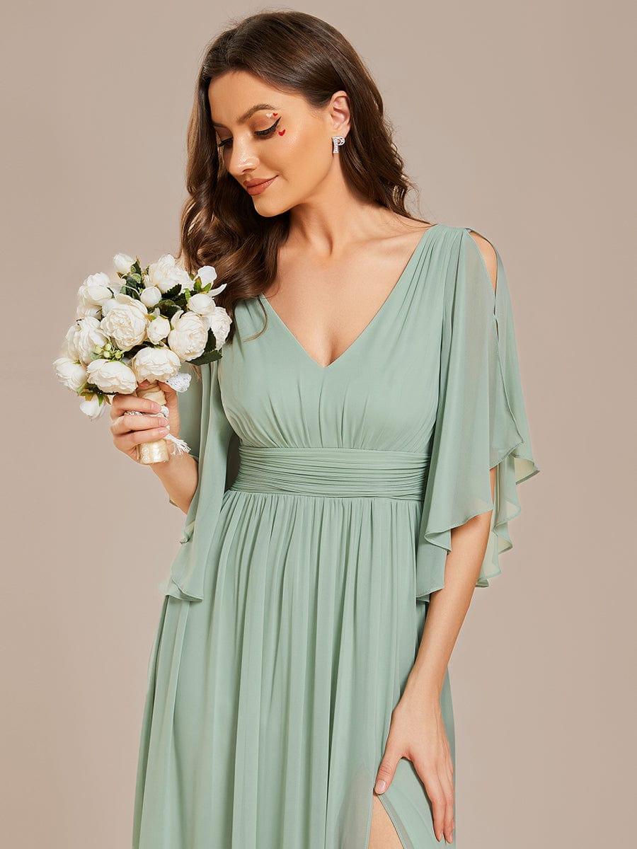 Lovely Half Sleeves V-Neck A-Line Chiffon Bridesmaid Dress with Slit