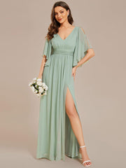 Lovely Half Sleeves V-Neck A-Line Chiffon Bridesmaid Dress with Slit