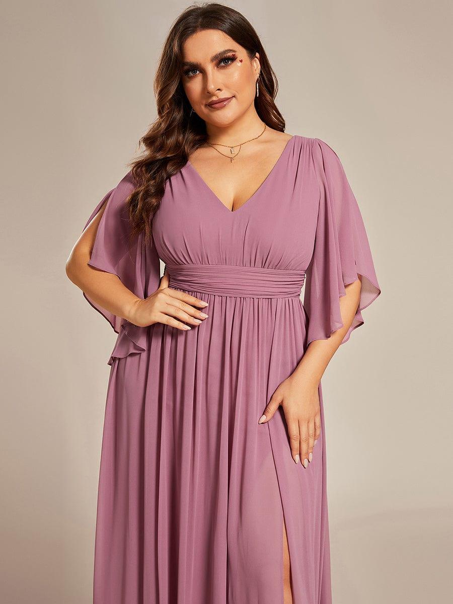 Lovely Half Sleeves V-Neck A-Line Chiffon Bridesmaid Dress with Slit