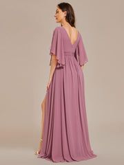 Lovely Half Sleeves V-Neck A-Line Chiffon Bridesmaid Dress with Slit