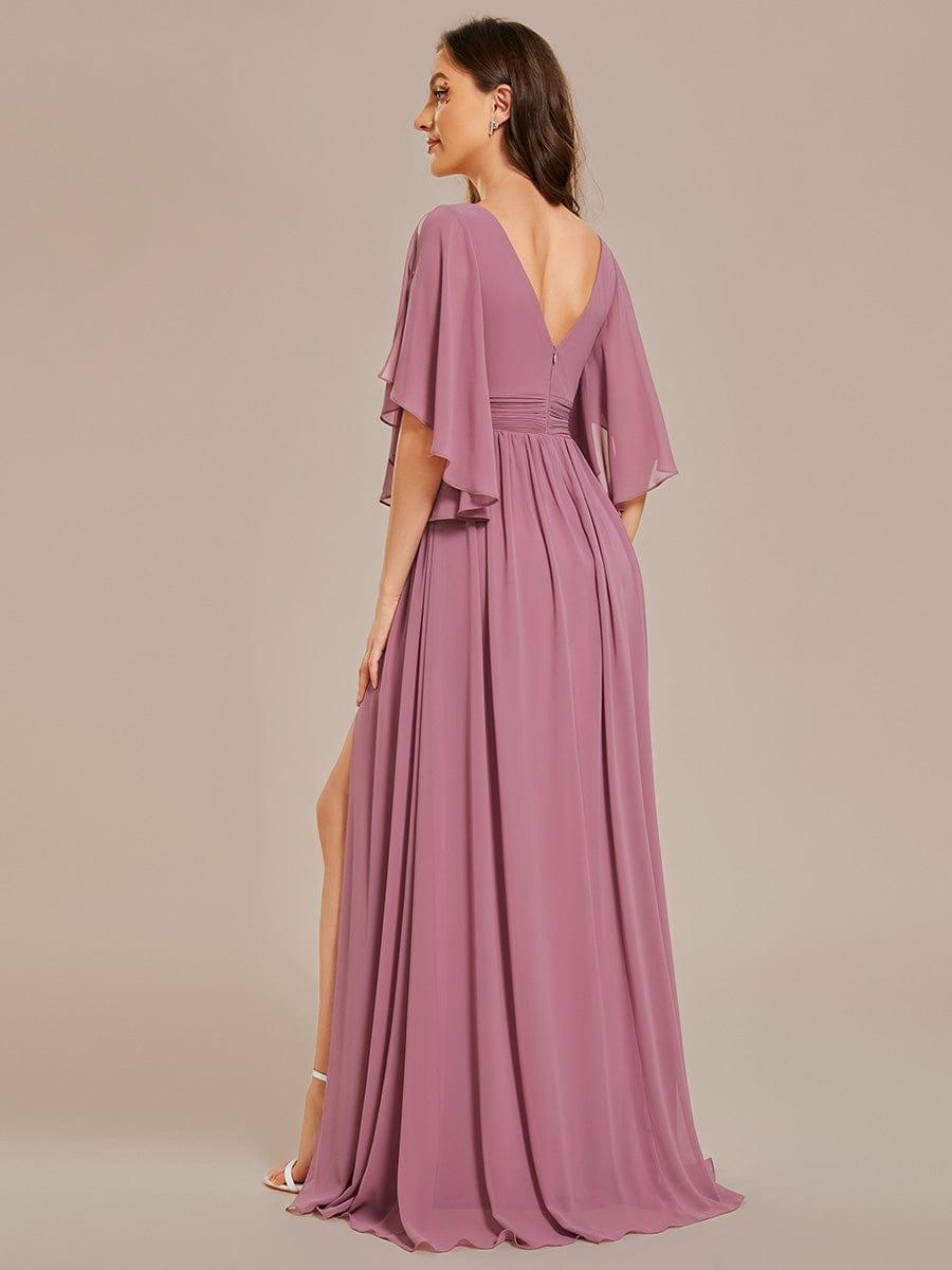 Lovely Half Sleeves V-Neck A-Line Chiffon Bridesmaid Dress with Slit