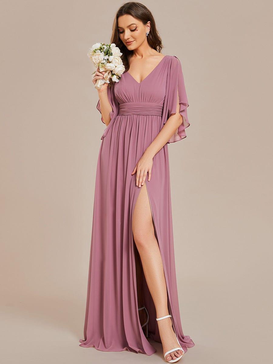 Lovely Half Sleeves V-Neck A-Line Chiffon Bridesmaid Dress with Slit
