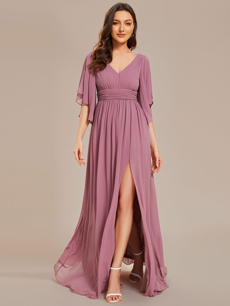 Lovely Half Sleeves V-Neck A-Line Chiffon Bridesmaid Dress with Slit
