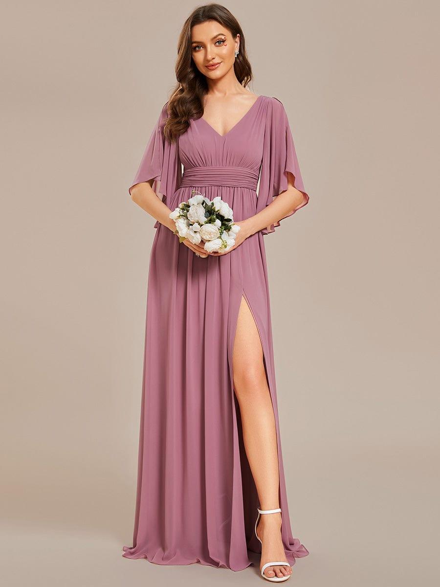 Lovely Half Sleeves V-Neck A-Line Chiffon Bridesmaid Dress with Slit