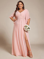 Feminine Plus Size A-Line V-Neck Chiffon Bridesmaid Dress with Half Sleeves