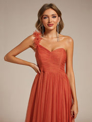 Beautiful Sweetheart One-Shoulder Tulle Bridesmaid Dress with Slit