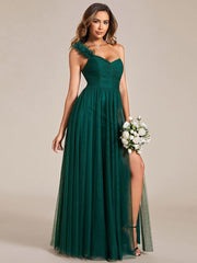 Beautiful Sweetheart One-Shoulder Tulle Bridesmaid Dress with Slit