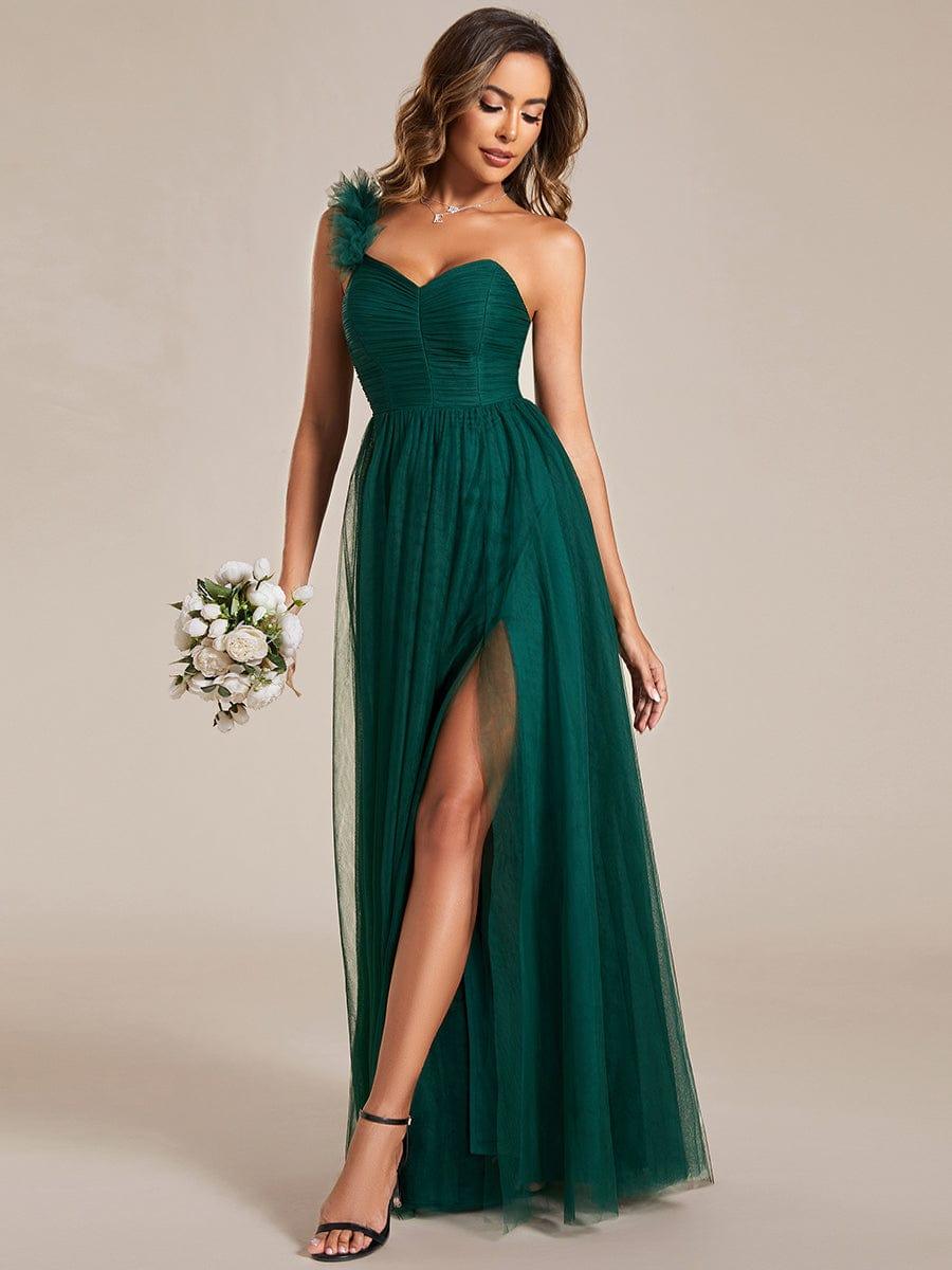 Beautiful Sweetheart One-Shoulder Tulle Bridesmaid Dress with Slit