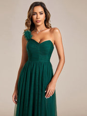 Beautiful Sweetheart One-Shoulder Tulle Bridesmaid Dress with Slit