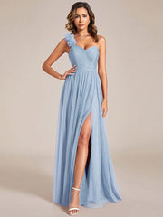 Beautiful Sweetheart One-Shoulder Tulle Bridesmaid Dress with Slit