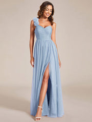 Beautiful Sweetheart One-Shoulder Tulle Bridesmaid Dress with Slit