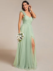 Beautiful Sweetheart One-Shoulder Tulle Bridesmaid Dress with Slit