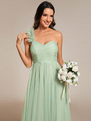 Beautiful Sweetheart One-Shoulder Tulle Bridesmaid Dress with Slit