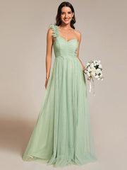 Beautiful Sweetheart One-Shoulder Tulle Bridesmaid Dress with Slit