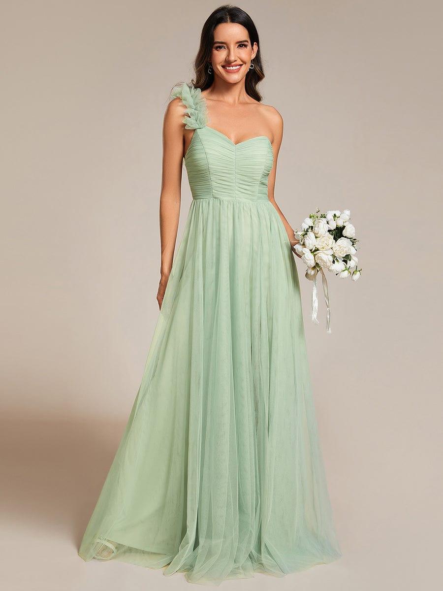 Beautiful Sweetheart One-Shoulder Tulle Bridesmaid Dress with Slit
