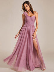 Beautiful Sweetheart One-Shoulder Tulle Bridesmaid Dress with Slit
