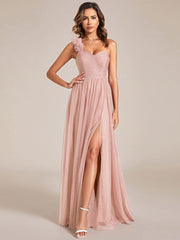 Beautiful Sweetheart One-Shoulder Tulle Bridesmaid Dress with Slit