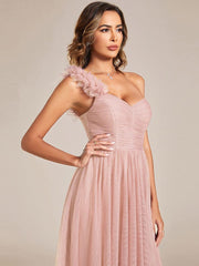 Beautiful Sweetheart One-Shoulder Tulle Bridesmaid Dress with Slit
