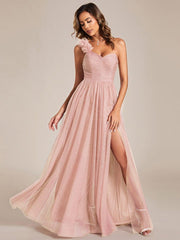 Beautiful Sweetheart One-Shoulder Tulle Bridesmaid Dress with Slit