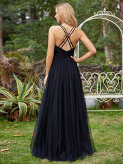 Lovely Sleeveless V-Neck A-Line Tulle Bridesmaid Dress with Criss Cross Straps