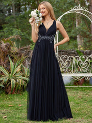 Lovely Sleeveless V-Neck A-Line Tulle Bridesmaid Dress with Criss Cross Straps