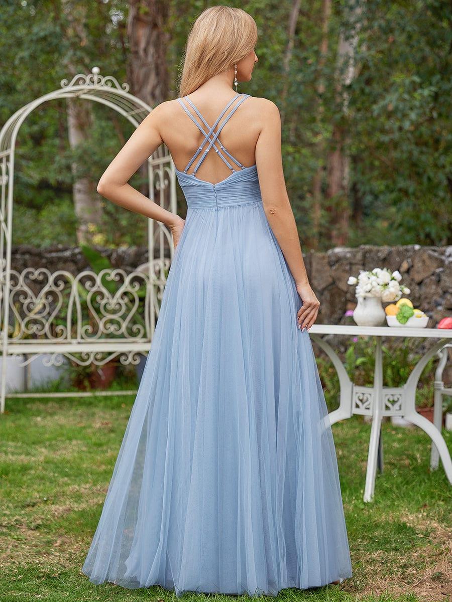 Lovely Sleeveless V-Neck A-Line Tulle Bridesmaid Dress with Criss Cross Straps