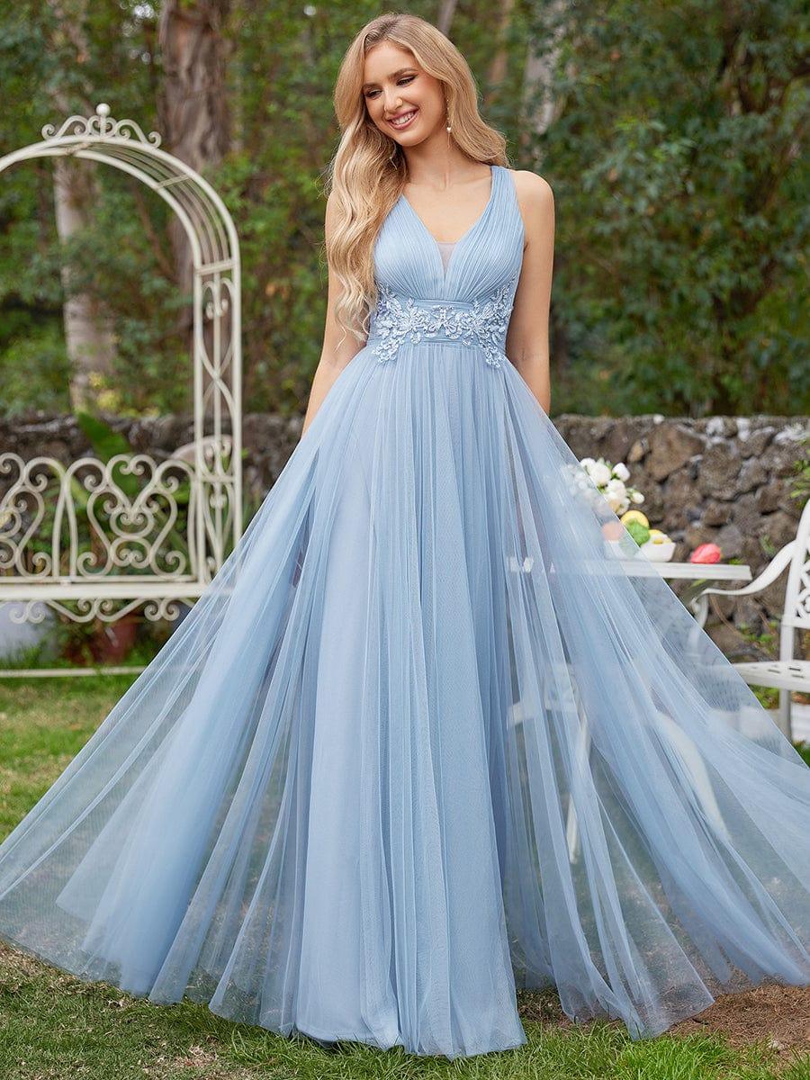 Lovely Sleeveless V-Neck A-Line Tulle Bridesmaid Dress with Criss Cross Straps