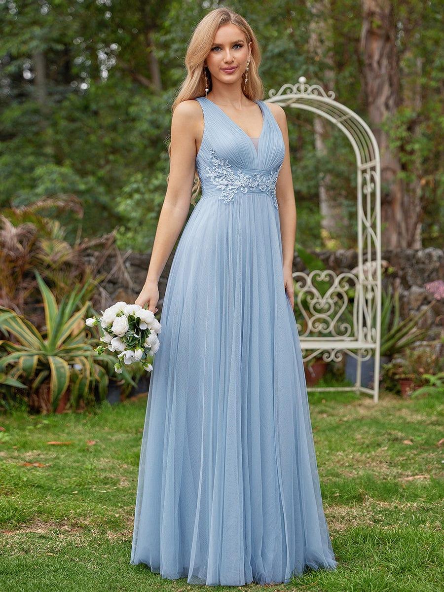 Lovely Sleeveless V-Neck A-Line Tulle Bridesmaid Dress with Criss Cross Straps