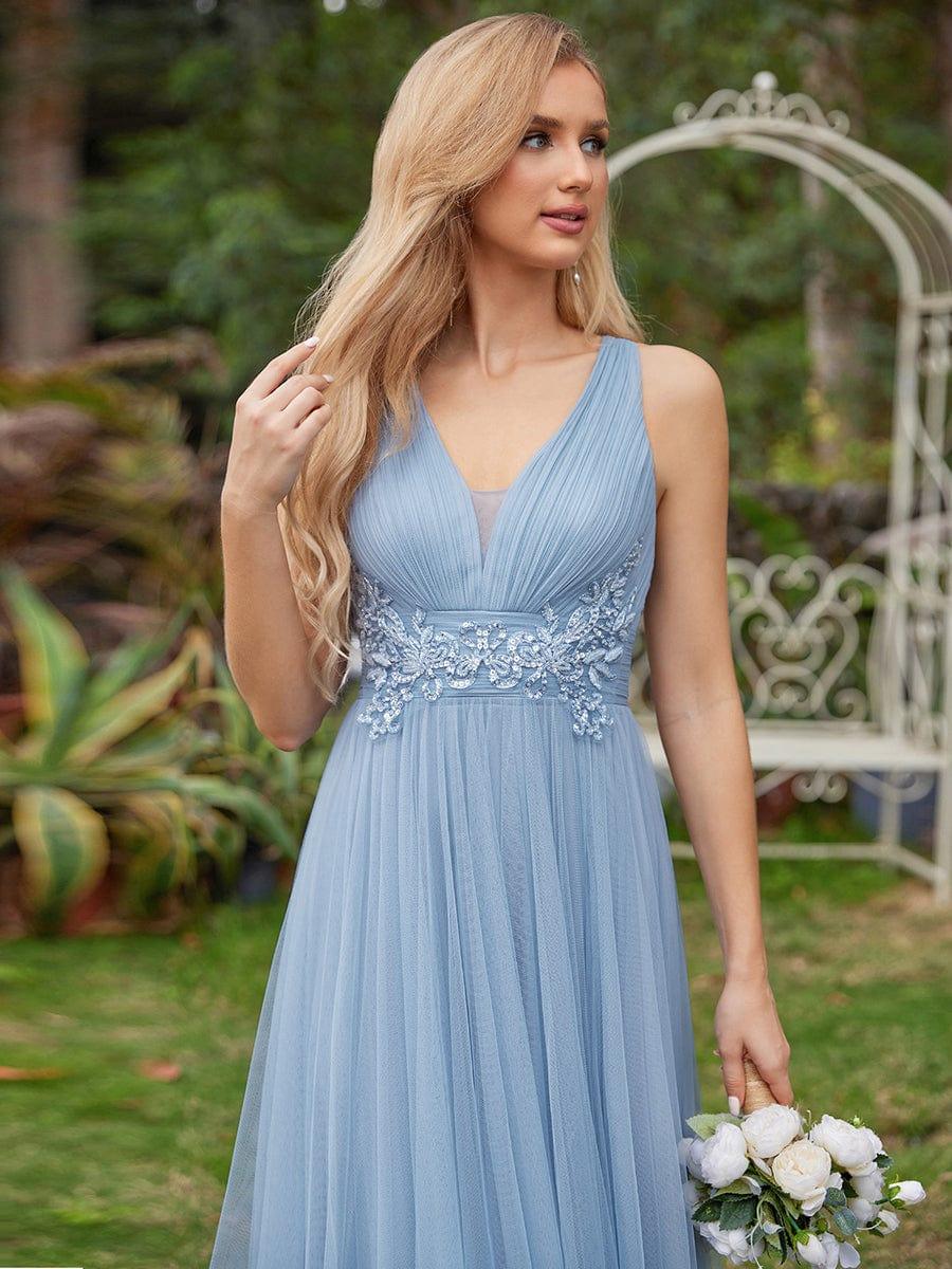 Lovely Sleeveless V-Neck A-Line Tulle Bridesmaid Dress with Criss Cross Straps
