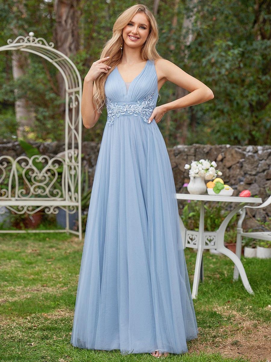 Lovely Sleeveless V-Neck A-Line Tulle Bridesmaid Dress with Criss Cross Straps