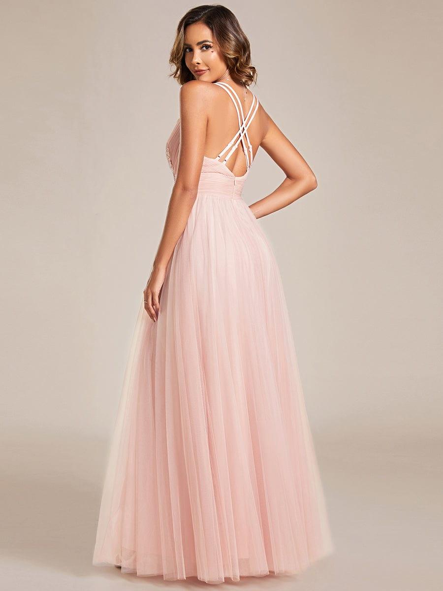 Lovely Sleeveless V-Neck A-Line Tulle Bridesmaid Dress with Criss Cross Straps