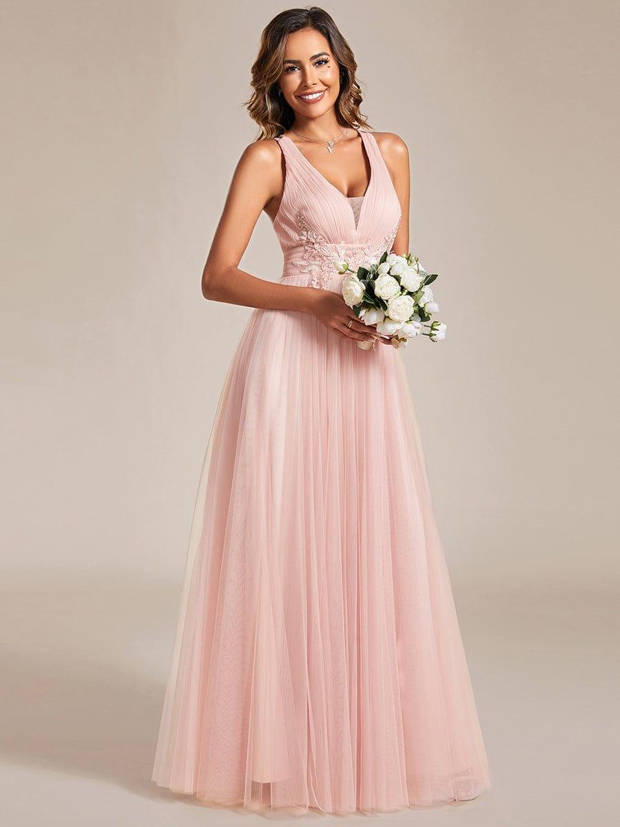 Lovely Sleeveless V-Neck A-Line Tulle Bridesmaid Dress with Criss Cross Straps