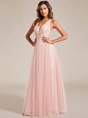 Lovely Sleeveless V-Neck A-Line Tulle Bridesmaid Dress with Criss Cross Straps