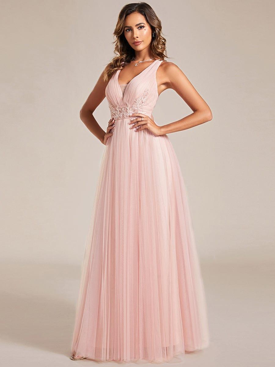 Lovely Sleeveless V-Neck A-Line Tulle Bridesmaid Dress with Criss Cross Straps