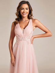 Lovely Sleeveless V-Neck A-Line Tulle Bridesmaid Dress with Criss Cross Straps