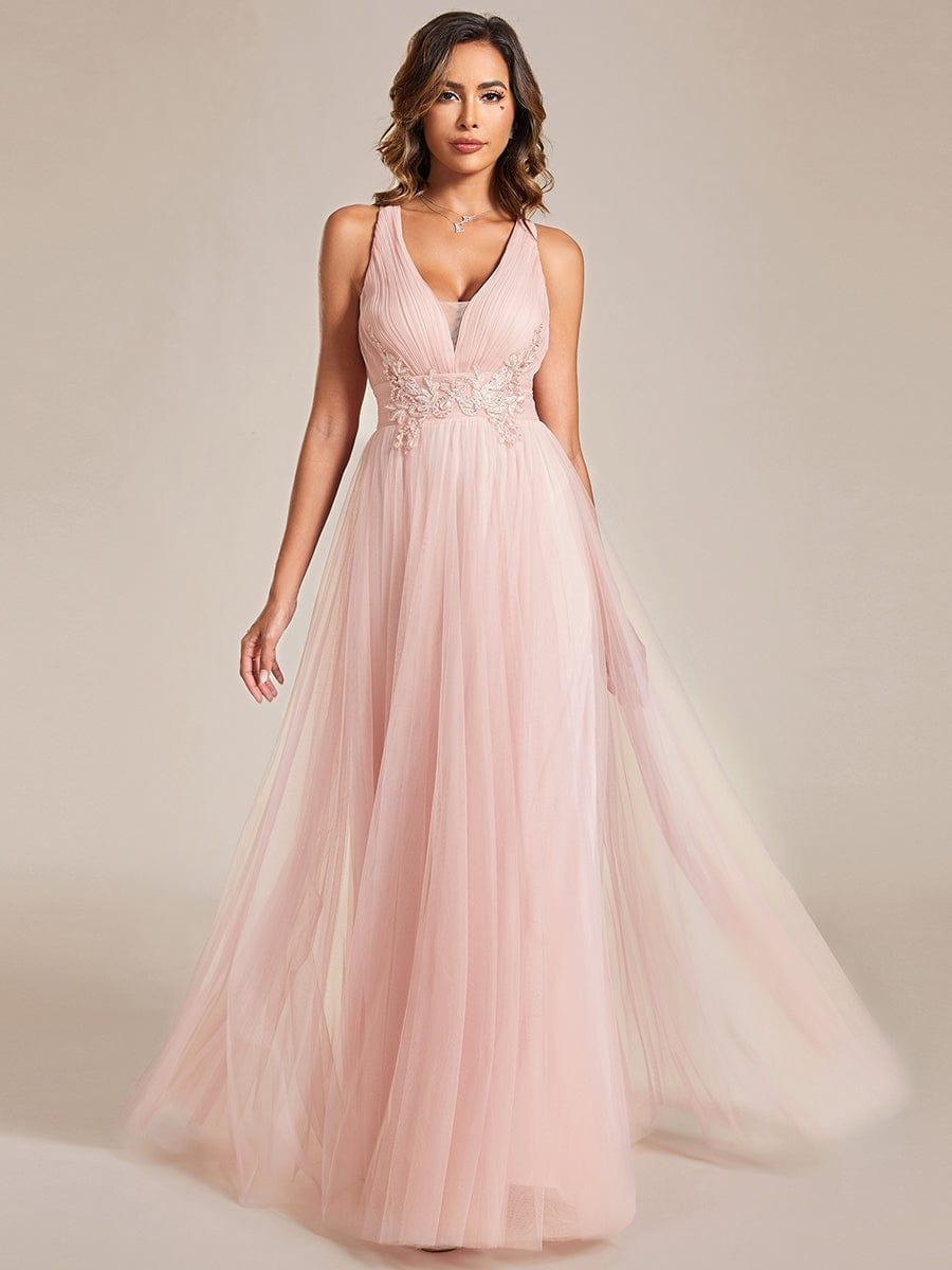 Lovely Sleeveless V-Neck A-Line Tulle Bridesmaid Dress with Criss Cross Straps