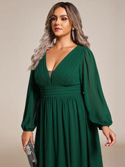 Dreamy Plus Size V-Neck A-Line Chiffon Bridesmaid Dress with Long Sleeves