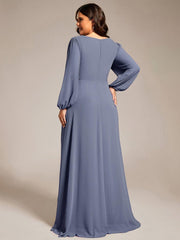 Dreamy Plus Size V-Neck A-Line Chiffon Bridesmaid Dress with Long Sleeves