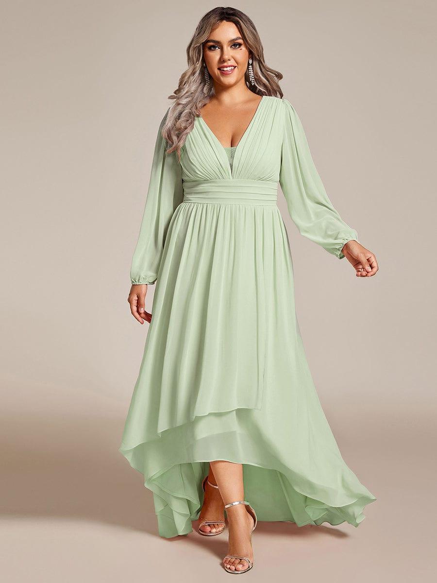 Dreamy Plus Size V-Neck A-Line Chiffon Bridesmaid Dress with Long Sleeves