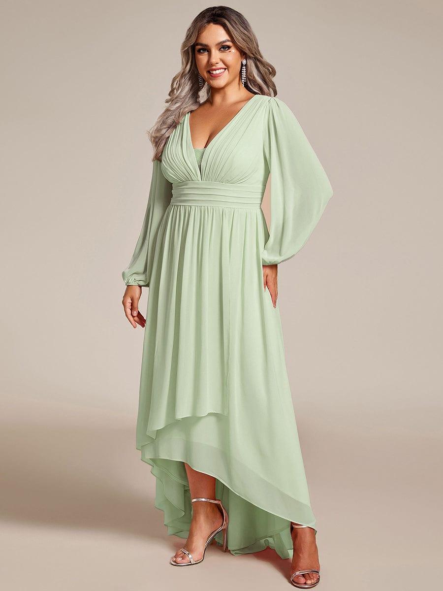 Dreamy Plus Size V-Neck A-Line Chiffon Bridesmaid Dress with Long Sleeves