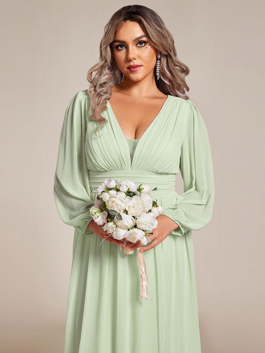 Dreamy Plus Size V-Neck A-Line Chiffon Bridesmaid Dress with Long Sleeves