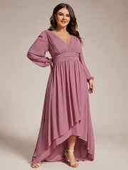 Dreamy Plus Size V-Neck A-Line Chiffon Bridesmaid Dress with Long Sleeves