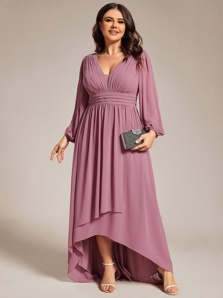 Dreamy Plus Size V-Neck A-Line Chiffon Bridesmaid Dress with Long Sleeves