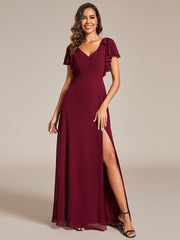 Glamorous Short Sleeves V-Neck A-Line Chiffon Bridesmaid Dress