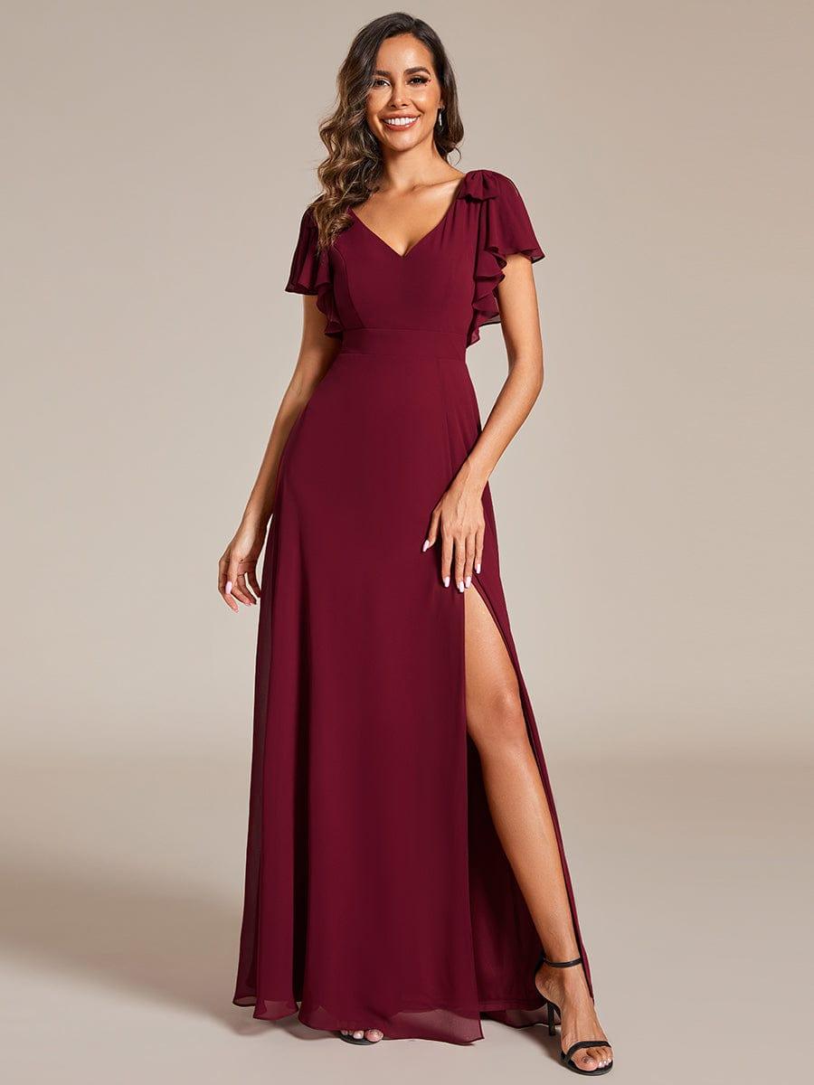 Glamorous Short Sleeves V-Neck A-Line Chiffon Bridesmaid Dress