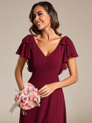 Glamorous Short Sleeves V-Neck A-Line Chiffon Bridesmaid Dress